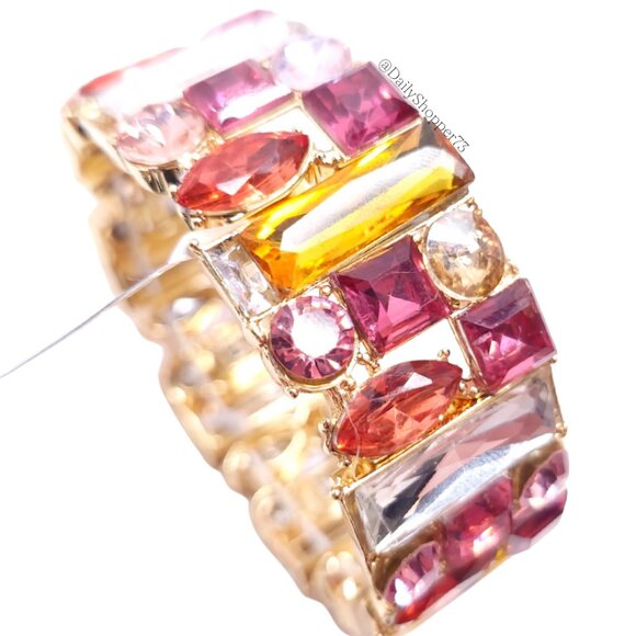 INC International Concepts Gold and Pink Glass Rhinestone Stretch Bracelet - Picture 6 of 9